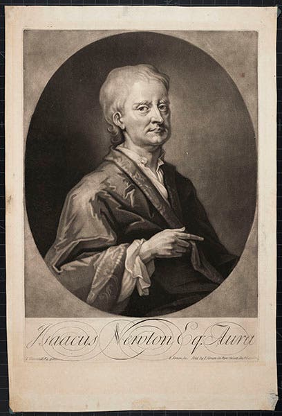 Mezzotint portrait of Isaac Newton, by John Simon, after Sir James Thornhill, ca 1720 (Linda Hall Library)