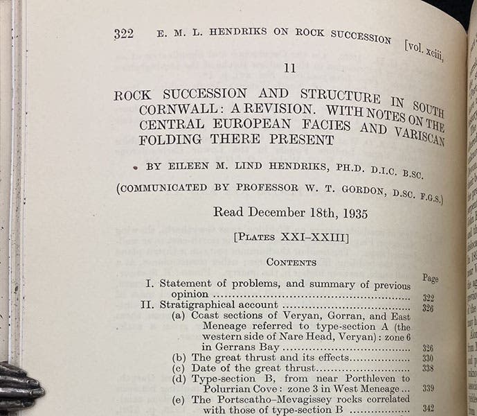 First paragraph, paper on rock succession in Cornwall, by Eileen M. Lind Hendriks, in Quarterly Journal of the Geological Society of London, vol. 93, p. 322, 1937 (Linda Hall Library)