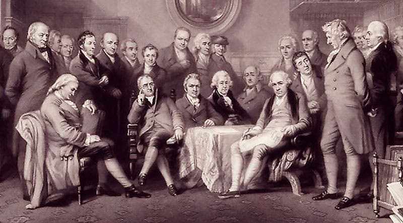 Detail of “Men of Science Living in 1807-8”, engraving by William Walker, Jr. and George Zobel, 1862, National Portrait Gallery, London.  Seated around the table (left to right) are John Dalton, Isambard Brunel, Matthew Boulton, Joseph Huddart, and James Watt (npg.org.uk)