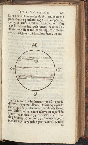 The Great Red Spot of Jupiter, discovered by Giovanni Domenco Cassini in 1665, woodcut, Journal des Scavans, Amsterdam ed., vol. 3, 1672 (Linda Hall Library)