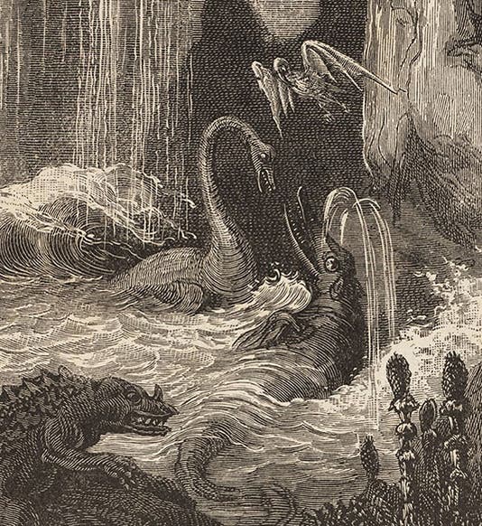 Prehistoric creatures of the deep, detail of wood-engraving, in Le monde avant la création de l'homme, by Camille Flammarion, 1886 (Linda Hall Library)