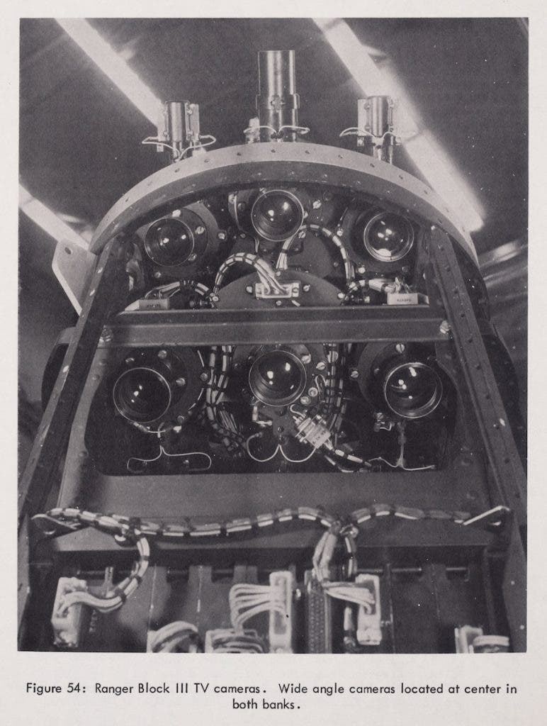 Camera arrangement inside a Ranger spacecraft. Image source: Hall, R. Cargill. Project Ranger: A Chronology. Jet Propulsion Laboratory, 1971. View Source