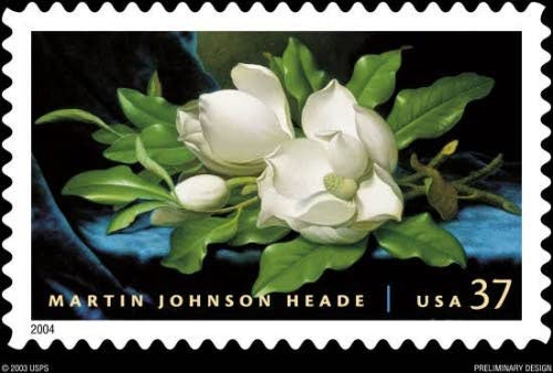 U.S. postage stamp honoring Martin Johnson Heade and depicting his Magnolias on a Blue Velvet Cloth, 2004 (vitrualstampclub.com)