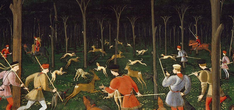 Detail of third image, The Hunt in the Forest, tempera and oil on wood, by Paolo Uccello, ca 1470, Ashmolean Museum, Oxford (ashmolean.org)