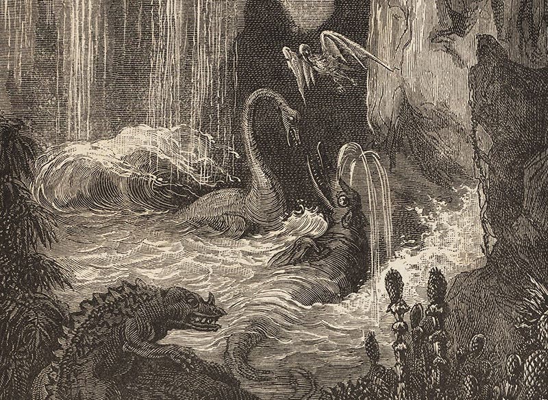 Prehistoric creatures of the deep, detail of wood-engraving, in Le monde avant la création de l'homme, by Camille Flammarion, 1886 (Linda Hall Library)