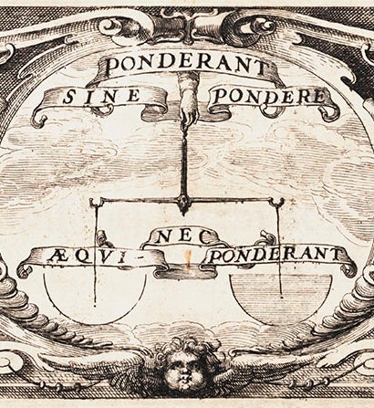 Title page vignette, engraving, detail of title page of Paul Guldin, <i>De centro gravitatis</i> (1635-41), vol. 1 (Linda Hall Library)