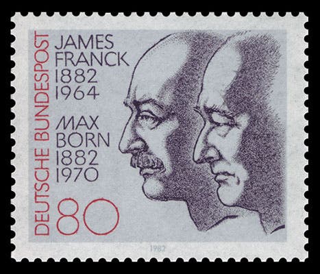 Postage stamp, issued in 1982 by the German Bundespost to honor the centennial of the births of James Franck and Max Born (Wikimedia commons)