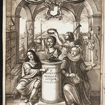 Frontispiece depicting the principal supporters of the early Royal Society of London (left to right), William, Viscount Brouncker; a bust of King Charles II; and Francis Bacon; engraving by Wenceslaus Hollar after a design by John Evelyn, in Thomas Sprat, The History of the Royal-Society of London, 1667 (Linda Hall Library)
