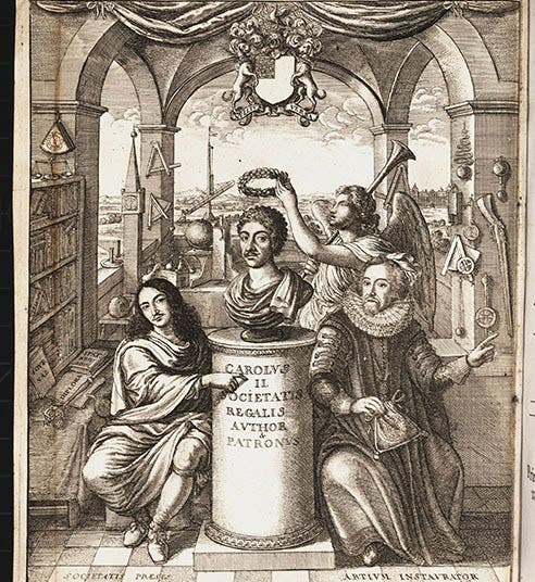 Frontispiece depicting the principal supporters of the early Royal Society of London (left to right), William, Viscount Brouncker; a bust of King Charles II; and Francis Bacon; engraving by Wenceslaus Hollar after a design by John Evelyn, in Thomas Sprat, The History of the Royal-Society of London, 1667 (Linda Hall Library)