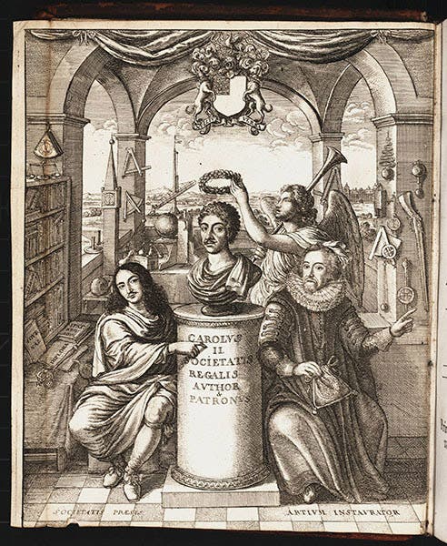 Frontispiece depicting the principal supporters of the early Royal Society of London (left to right), William, Viscount Brouncker; a bust of King Charles II; and Francis Bacon; engraving by Wenceslaus Hollar after a design by John Evelyn, in Thomas Sprat, The History of the Royal-Society of London, 1667 (Linda Hall Library)