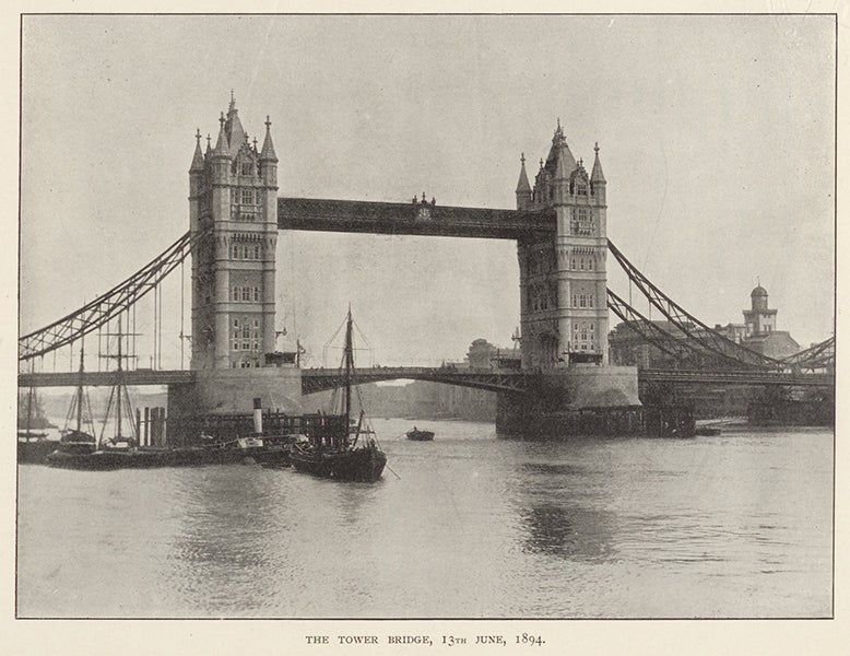 Tower Bridge nearly completed, photograph, Charles Welch, History of the Tower Bridge, 1894 (Linda Hall Library) 