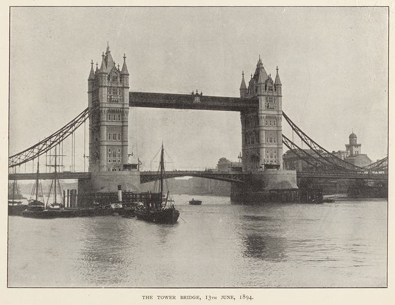 Tower Bridge nearly completed, photograph, Charles Welch, History of the Tower Bridge, 1894 (Linda Hall Library)
