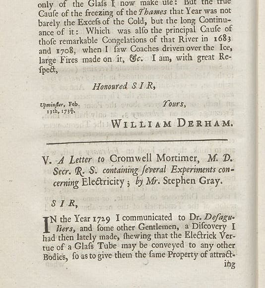 Detail of the first page of a paper by Stephen Gray, <i>Philosophical Transactions of the Royal Society of London</i>, vol. 37, 1731-32 (Linda Hall Library)