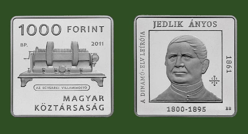 Comemmorative coin issued by the National Bank of Hungary in 2011 that honors Ányos Jedlik “the developer of the dynamo principle” (Coin & Currency Institute)
