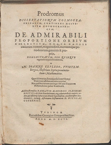 Title page, opp. page 24, folding plate, Platonic solids, Johannes Kepler, Prodromus, 1596.