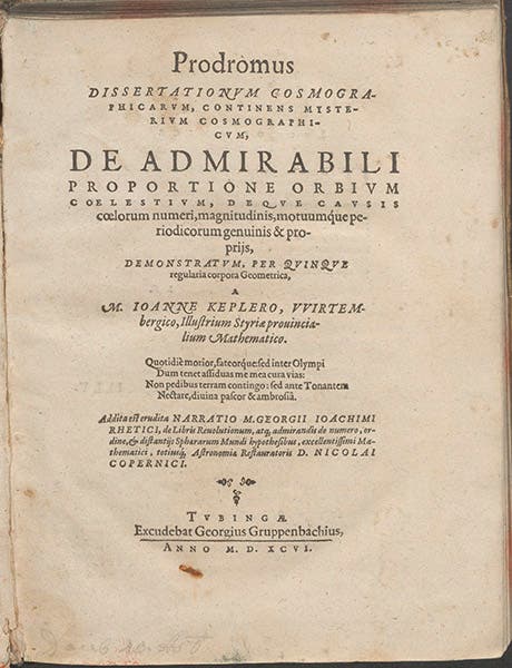 Title page, opp. page 24, folding plate, Platonic solids, Johannes Kepler, Prodromus, 1596.