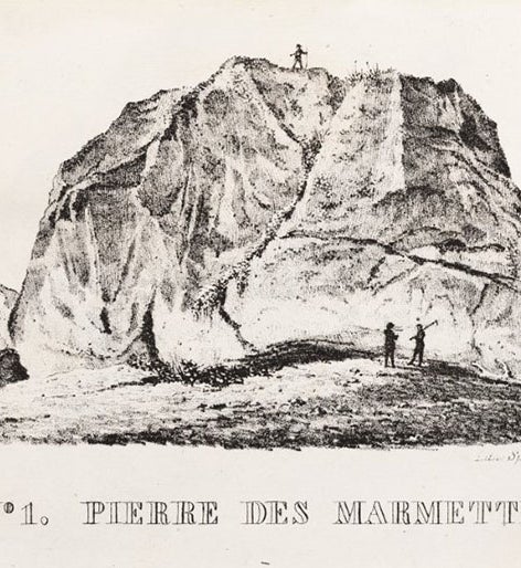 The largest erratic  boulder in Switzerland, the Pierre des Marmettes, engraving in Essai sur les glaciers et sur le terrain erratique du bassin du Rhône, by Jean de Charpentier, 1841 (Linda Hall Library)