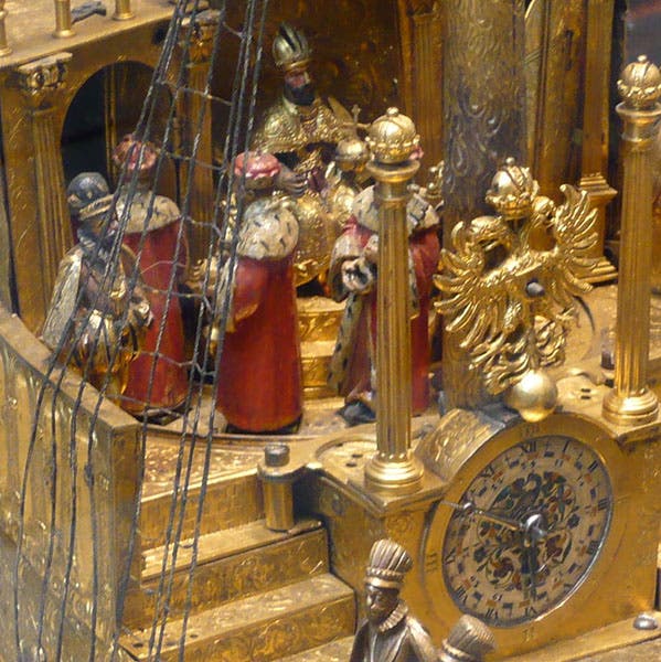 Detail of the quarterdeck of the British Museum galleon, showing Emperor Rudolf II, seated and circled by a moving ring of the 7 electors (Wikimedia commons)
