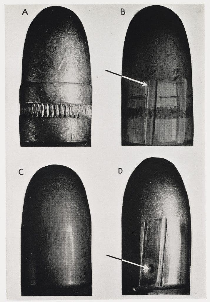 Before and after photographs of bullets. The bullets on the right (B and D) have been fired. Note the striations along the fired bullets made when the projectiles passed through the barrel of the gun. Image source: Burrard, Gerald. The Identification of Firearms and Forensic Ballistics. Herbert Jenkins, 1951. View Source
