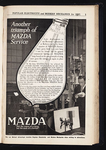 General Electric advertisement for Mazda light bulbs from the Dec. 1914 issue of Popular Electricity and Modern Mechanics (Linda Hall