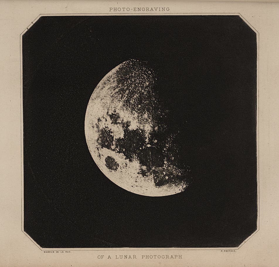 With the assistance of Paul Pretsch, who invented the process, De la Rue succeeded in producing a copperplate for printing from a photographic negative of the moon, by using the unusual swelling properties of gelatin after it is exposed to light. De la Rue called the print a heliotype; we would today call this a photogalvanograph, since the gelatin was electroplated after exposure and treatment.