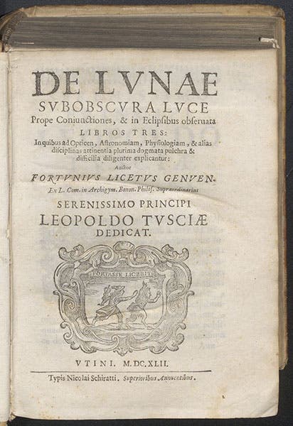 Title page, De lunae subobscura luce prope coniunctiones, by Fortunio Liceti, 1642 (Linda Hall Library)