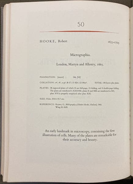 Description of item 50, Robert Hooke, Micrographia, 1665, in One Hundred Books Famous in Science, by Harrison D. Horblit, 1964 (Linda Hall Library)