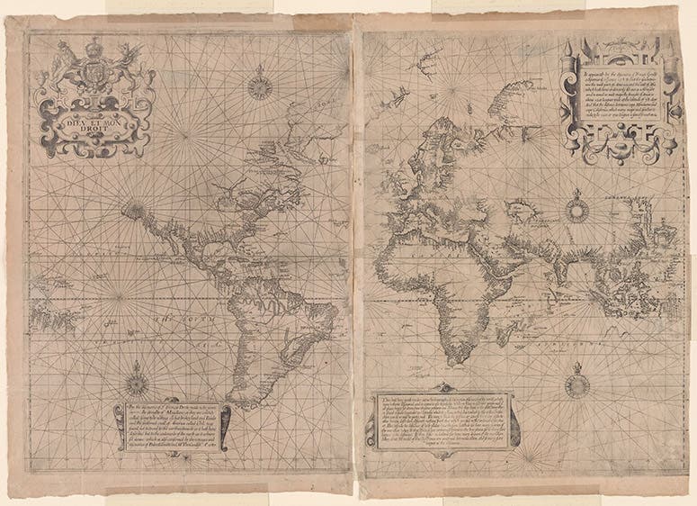Wright-Molyneux world map, Mercator projection, on two sheets, 25” by 17”, 1599, New York Public Library (digitalcollections.nypl.org)