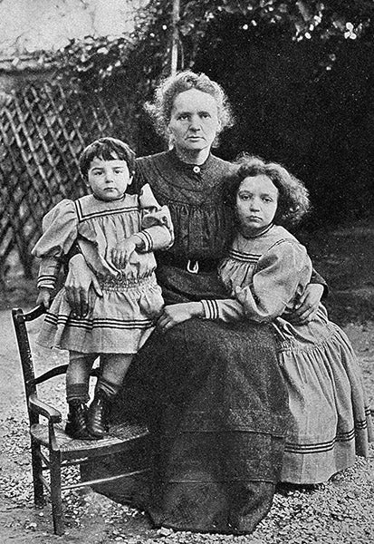 Eve Curie, at left, with mother Marie and sister Irène, photograph, 1908 (Wikimedia commons)