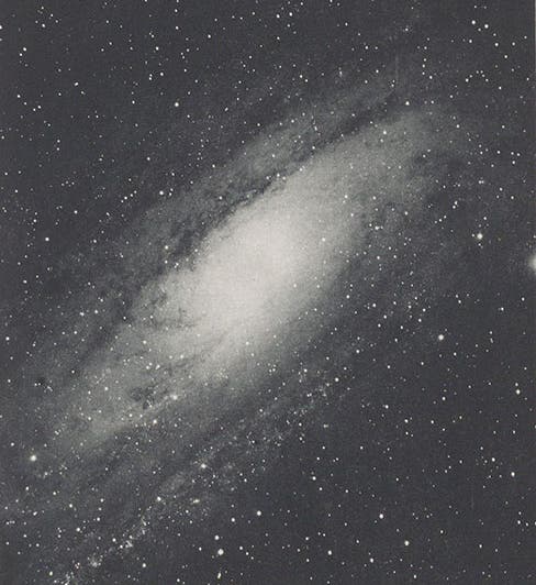 M31 great nebula in Andromeda, photograph by James Keeler, cropped to plate borders, heliogravure in Photographs of Nebulae and Clusters Made with the Crossley Reflector, by James Keeler, Lick Observatory, plate 1, 1908 (Linda Hall Library)