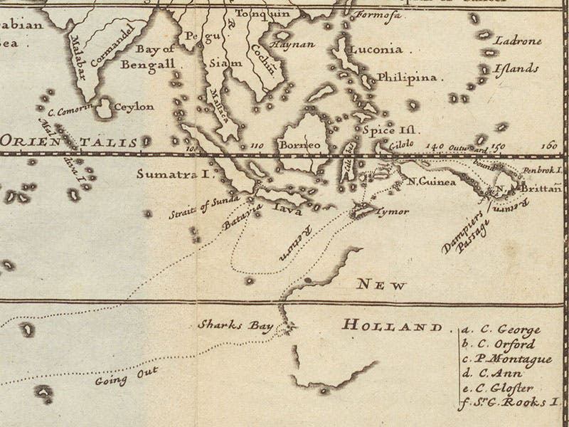 Detail of world map (eighth image), showing the parts of Australia and New Guinea visited by the Roebuck (Linda Hall Library)