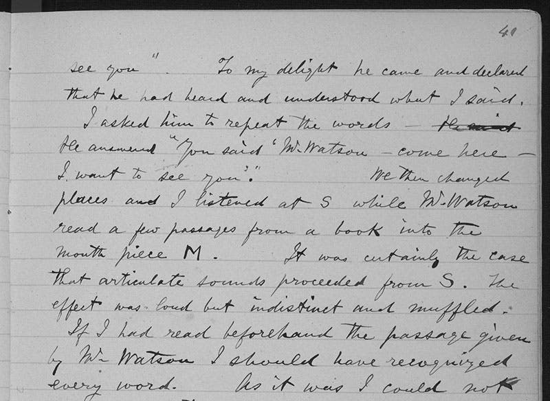 Notes where Bell record’s Watson’s repetition of his spoken transmission, “Mr. Watson – Come here – I want to see you,” Mar. 10,1876, detail of third image.