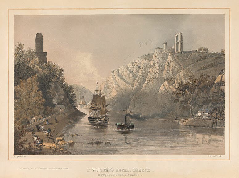 The towers and abutments of the unfinished Clifton Suspension Bridge over Avon Gorge, Bristol, lithographed print, ca 1840, Yale Center for British Art (Wikimedia commons)