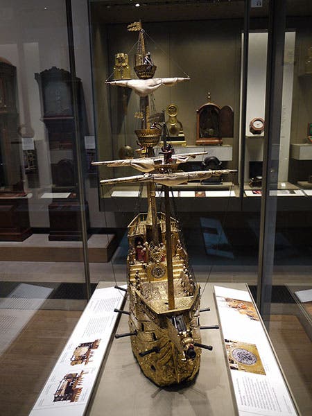 British Museum clockwork galleon, another view, built by Hans Schlottheim, ca 1585 (Wikimedia commons)