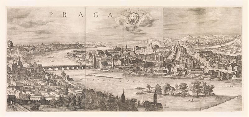 The Charles Bridge, with Old Town to the right (east), detail of panorama of Prague, etching by Johannes Wechter, after Philip van den Bossche, published by Aegidius Sadeler II, 1606, Metropolitan Museum of Art (metmuseum.org)