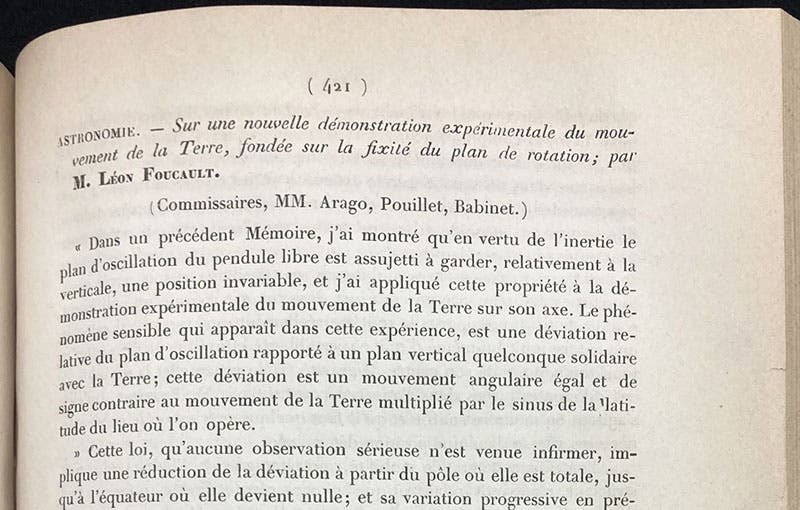 First paragraph, "Astronomie: Sur une nouvelle démonstration expérimentale du mouvement de la Terre, fondée sur la fixité du plan de rotation,” by Léon Foucault, Comptes rendus hebdomadaires des séances de l'Académie des Sciences, 1852, vol. 35, p. 421 (Linda Hall Library)