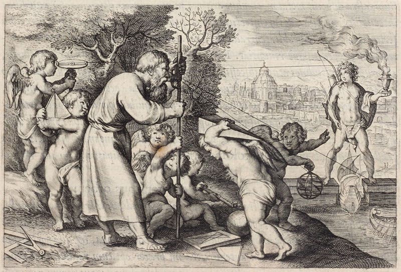 Measuring the height of the Colossus of Rhodes, engraved headpiece to Book 2 after a design by Peter Paul Rubens, François d’Aguilon, Opticorum libri sex, 1613 (Linda Hall Library)