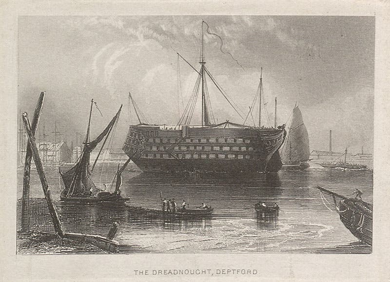 HMS Dreadnought, a hospital ship at Depford, where George Busk was surgeon until 1855 (British Library)