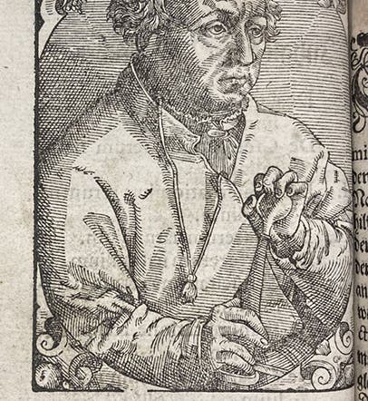 Portrait of Theophrastus von Hohenheim (Paracelsus), woodcut frontispiece, De natvra rervm, by Phillip Theophrastus von Hohenheim, called Paracelsus, 1584 (Linda Hall Library)