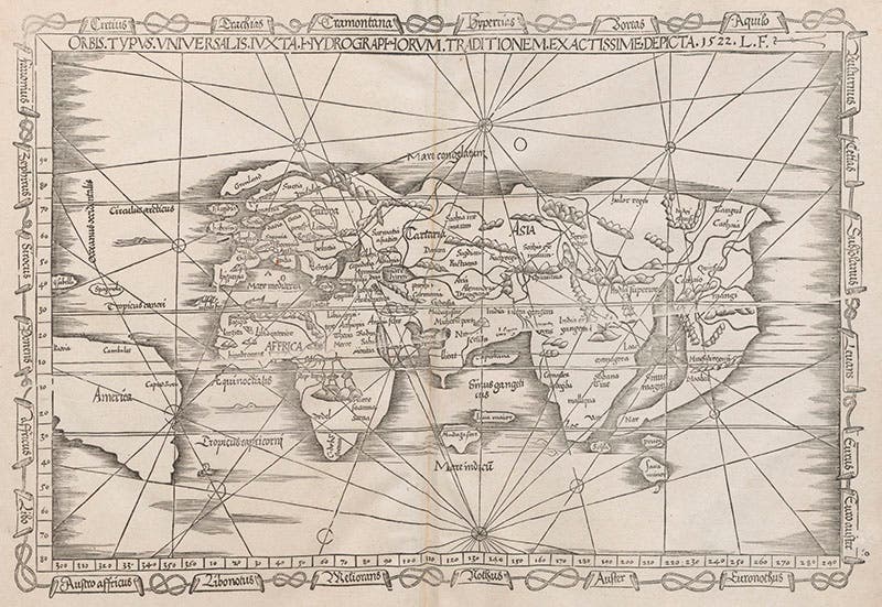 World map, woodcut, by Laurent Fries, 1522, in Ptolemy of Alexandria, Geographicae enarrationis libri octo, 1525 (Linda Hall Library)