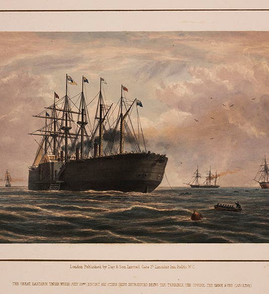 A view of the SS <i>Great Eastern</i> under weigh, from  William H. Russell, <i>The Atlantic Telegraph</i>, 1866 (Linda Hall Library)