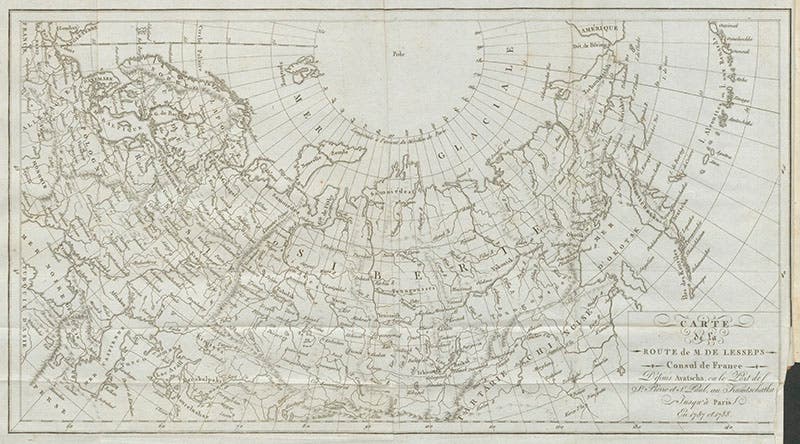 De Lesseps’ own map of his crossing of Russia, more authentic than the modern map (third image), but harder to view online, from vol. 2. of Barthélemy de Lesseps, Journal historique du voyage, 1790 (Linda Hall Library)