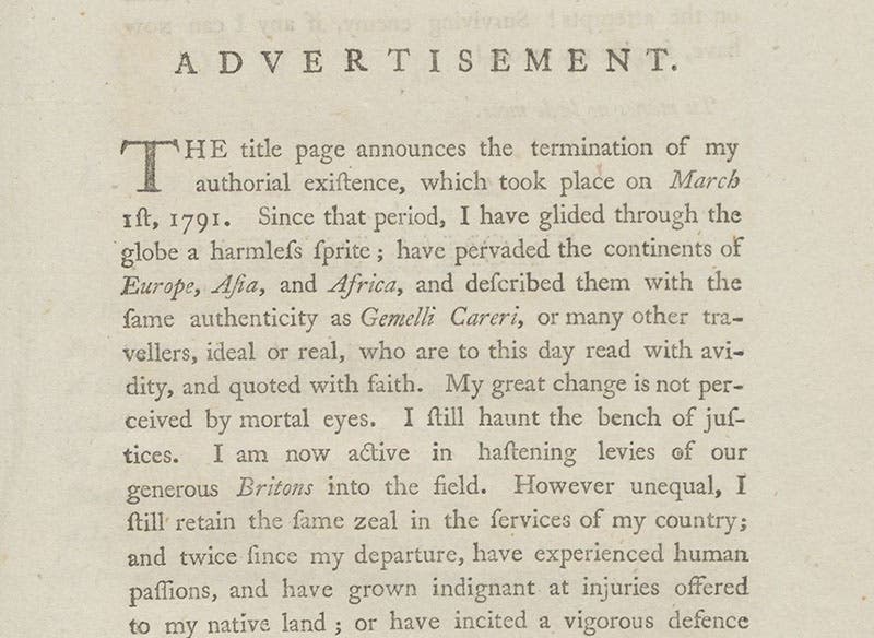 “Advertisement,” detail of first paragraph, The Literary Life of the late Thomas Pennant, by Thomas Pennant, 1793 (Linda Hall Library)