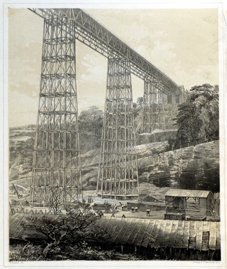 Towers and roadway of the Crumlin Viaduct. Image source: Humber, William. A Practical Treatise on Cast and Wrought Iron Bridges and Girders, as Applied to Railway Structures, and to Buildings Generally. London: E. & F. N. Spon, 1857, frontispiece.