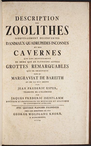 Title page, Johann Friederich Esper, Description des zoolithes nouvellement decouvertes, 1774 (Linda Hall Library)