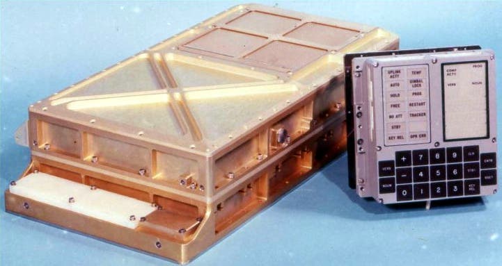 Apollo Guidance Computer (AGC, at left) and the DSKY interface used by the astronauts (Wikimedia commons)