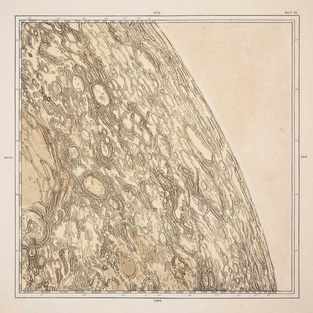 One of 25 plates in Schmidt’s map. He used lighter and darker sepia tones to distinguish surface features such as vertical relief. Image source: Schmidt, Johann Friedrich Julius. Charte der Gebirge des Mondes (Charts of the Mountains of the Moon). Berlin: In Commission bei Dietrich Reimer, 1878. View Source