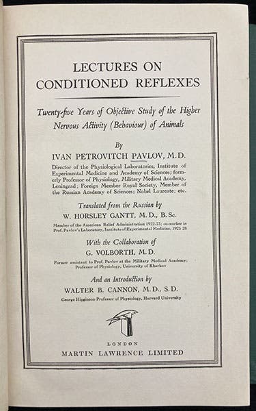 Title page to volume 1, Lectures on Conditioned Reflexes, by Ivan Petrovich Pavlov, transl. by W. Horsley Gantt, vol. 1, 1928 (Linda Hall Library)