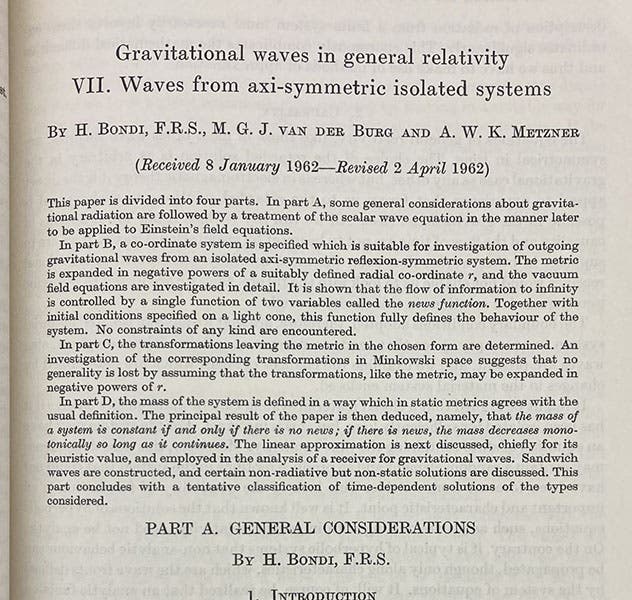 First page of article on gravitational waves and general relativity, by Hermann Bondi et al, Proceedings of the Royal Society of London, vol 269A, 1962 (Linda Hall Library)