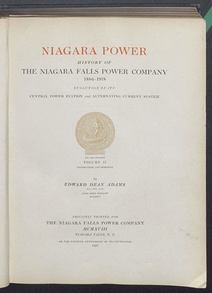 Title page, Edward Dean Adams, Niagara Power, vol. 2, 1927 (Linda Hall Library)